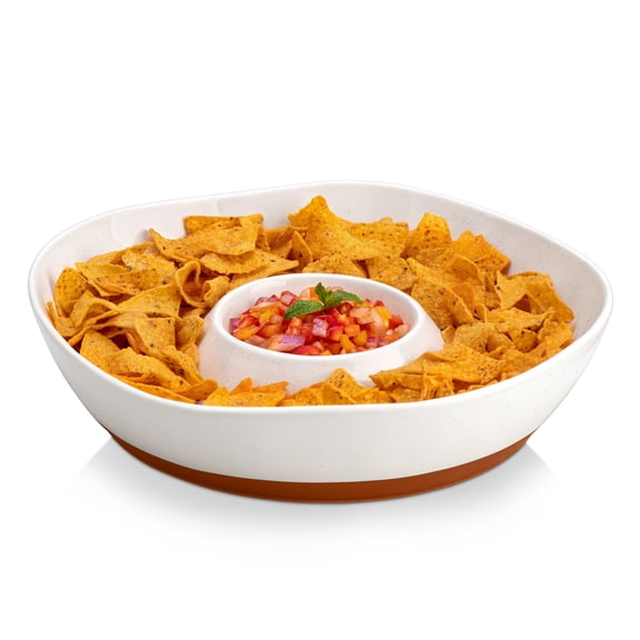 White Ceramic Chip & Dip Serving Set 12 Inch Divided Tray For Salsa Veggies Appetizers Snacks