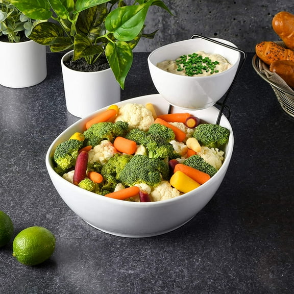 White Ceramic Chip & Dip Set with Metal , 3pc Dinnerware for Entertaining