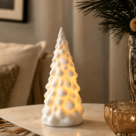 White Ceramic Christmas Tree Night Light with Textured Surface and Warm Glow for Bedroom and Living Room Shelf, Tabletop Decoration