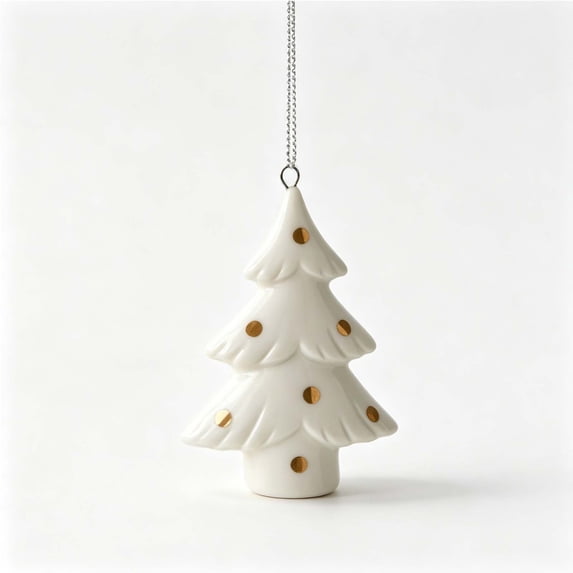 White Ceramic Christmas Tree Ornaments Set of 4 with Accents for Holiday Tree Decor