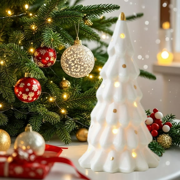 White Ceramic Christmas Tree Tabletop Ornament – LED Mini House Decoration for Holiday Scene, Gift, Desktop Décor – Batteries Included, 5.9in