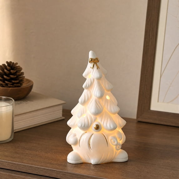 White Ceramic Christmas Tree with Design and Warm Glow, for Home Tabletop, Christmas Decoration