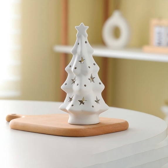 White Ceramic Christmas Tree with Lights, Tabletop Tree with Star Dot Cutouts, Prelit Vintage Xmas Decor for Mantle Shelf Holiday, Gift