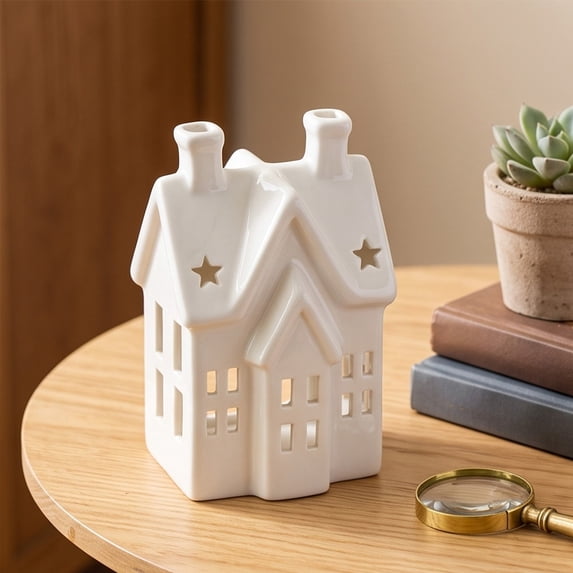 White Ceramic Christmas Village House – Tea Candle Holder, Hollow Cutout Mini House Figurine for Tabletop Shelf Mantel (C)