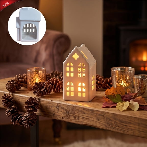 White Ceramic Christmas Village House Tea Light Candle Holder Decorations, Hollow Cutout Mini House Figurine for Xmas Tabletop Shelf Mantel Winter Indoor Outdoor Home Decor