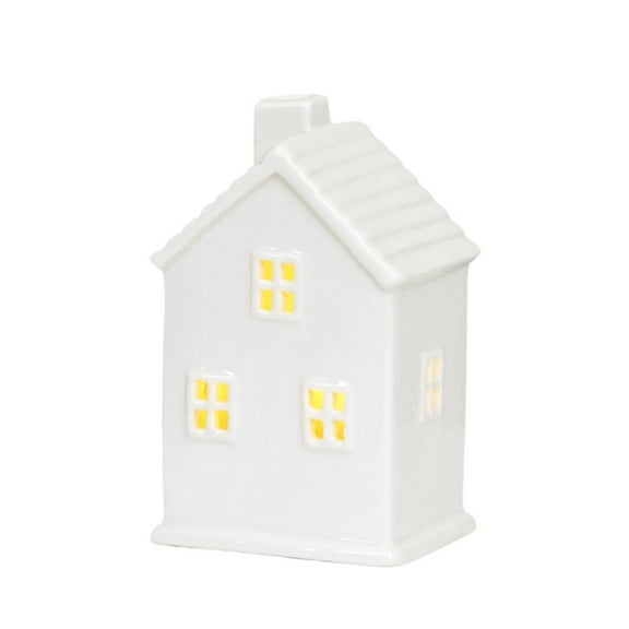 White Ceramic Christmas Village Houses, Glowing Lighted Holiday Decorations for Indoor Tabletop, Farmhouse Country Style Christmas Home Decor