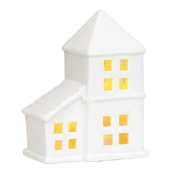 White Ceramic Christmas Village Houses, LED Lighted Ceramic Winter Village Building Figurines, Xmas Holiday Farmhouse Rustic Decor for Home Table Room