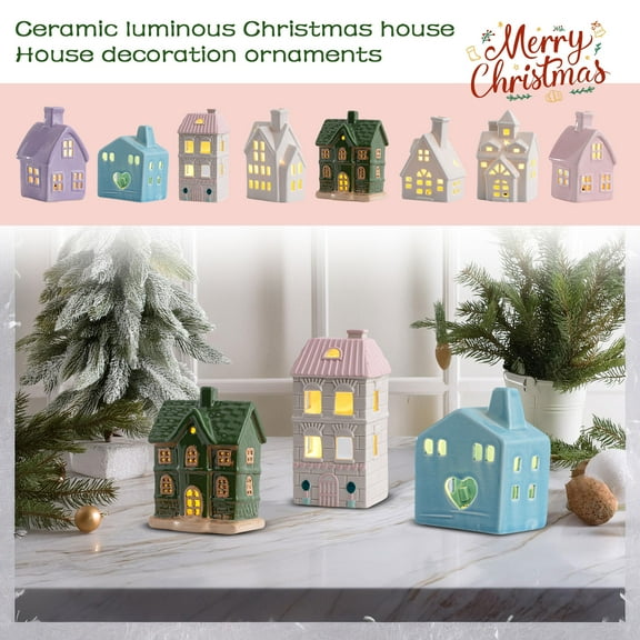 White Ceramic Christmas Village Houses, LED Lighted Christmas Village Houses, White Porcelain Village Town Houses, Christmas Town Scene Collection for Home Table Room Decor F