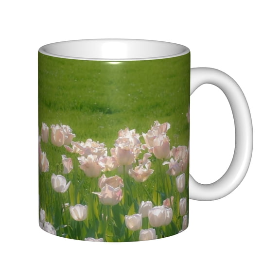 White Ceramic Coffee Mug 11oz, Spring Pink Tulips Floral Print Tea Cup for Office Home Garden Lovers Gifts
