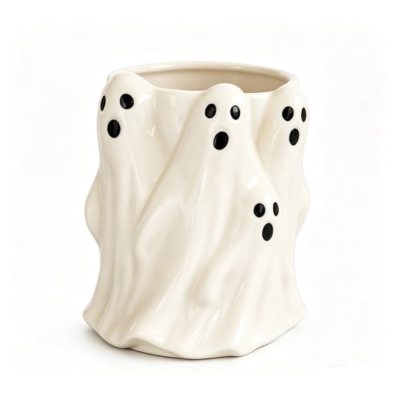 White Ceramic Cute Ghost Halloween Utensil Holder Crock for Kitchen Display and Decor, Rustic Farmhouse Indoor Decoration Set, Festive Ghost Kitchen Collection