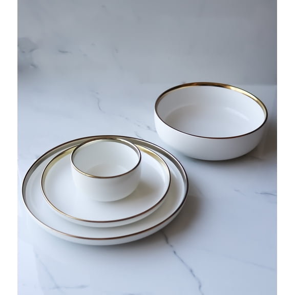 White Ceramic Dinnerware Set with Gold Trim 4 Piece Place Setting | Marcel Ardani