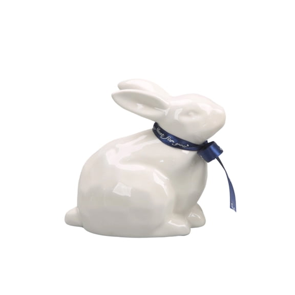 White Ceramic Easter Bunny Figurines - Cute Sitting Rabbit Statues with Gold/Blue Ribbon Accents for Spring Home Tabletop Decor