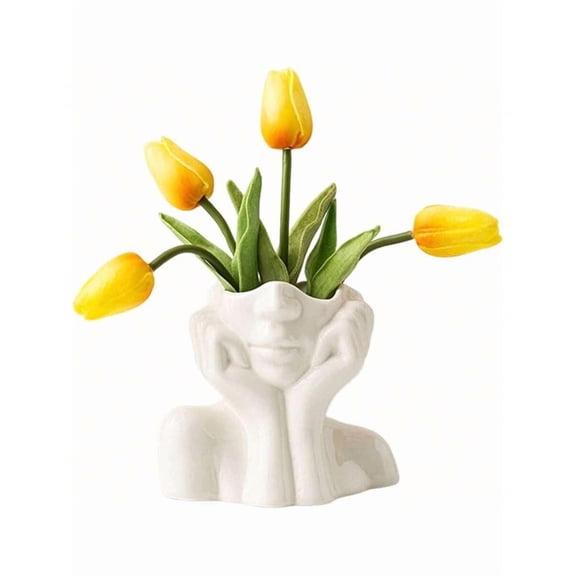 White Ceramic Face Vase, Female Form Head Half Body Bust Vases Boho  Minimalism Decorative Modern Nordic Style Flower Vase For Home Living Room Office Book Shelf Decor (Medium)