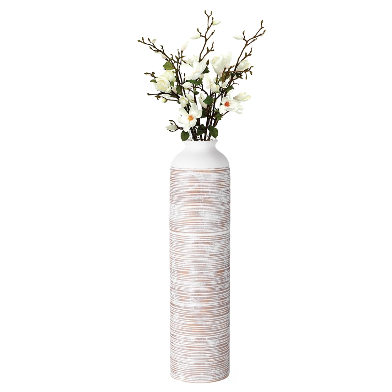 Uniquewise Contemporary Floor Vase - Ribbed 20-Inch-Tall Trumpet Style Ceramic White Table Vase - Modern Home Decor Accent for Entryway