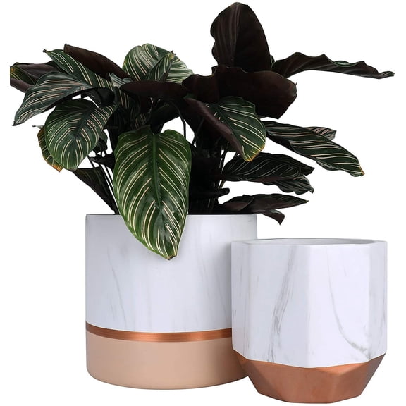 White Ceramic Flower Pots - 6.7 + 5.4 Inch Indoor Planters, Plant Containers in a Marble Ink Pattern with Rose Gold and Pink Detailing