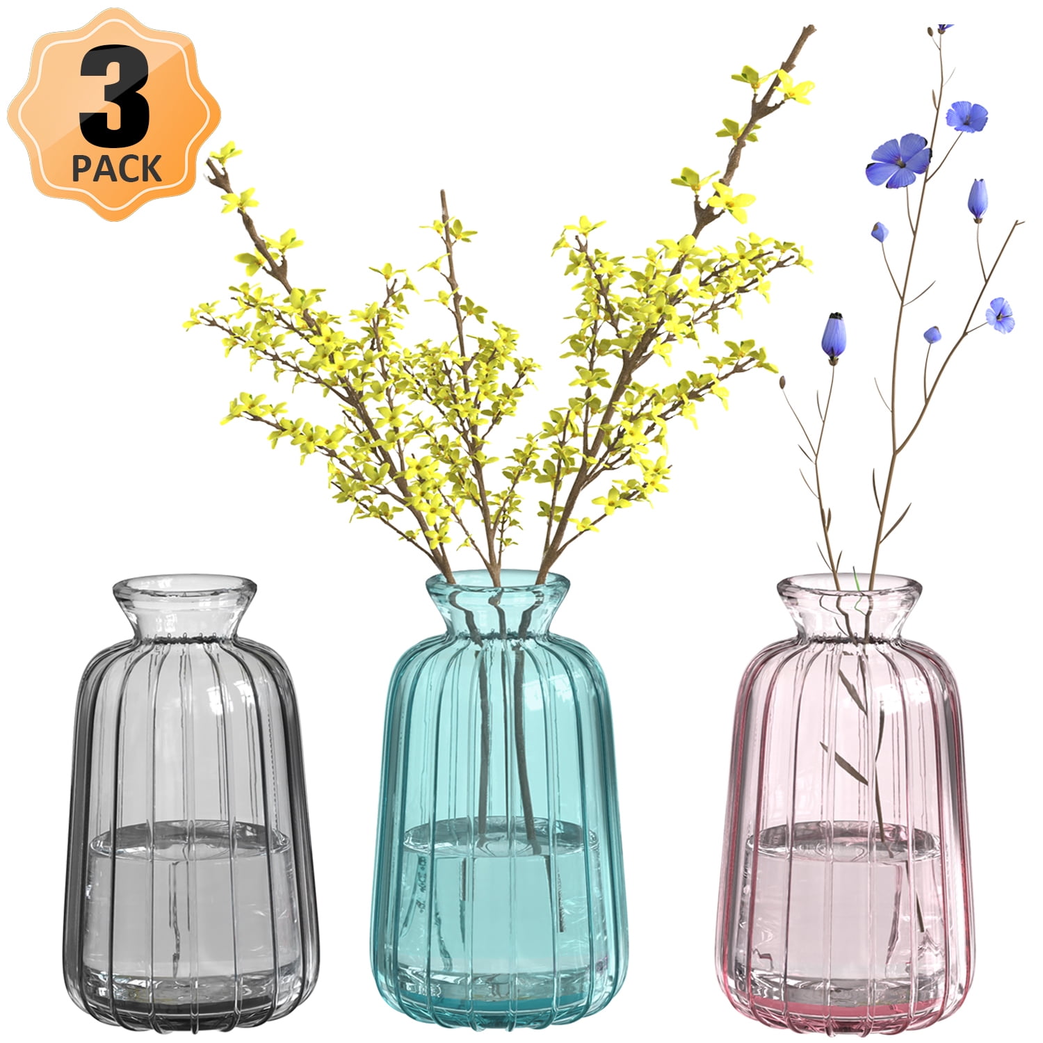 FOUKUS Colorful Glass Bud Vases Set, 3 Pack Small Ribbed Vintage Glass Vases for Table Centerpieces, Wedding, Party & Home Decor