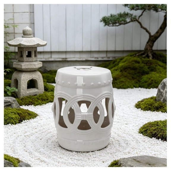 White Ceramic Garden Stool - 14" x 17" Decorative Outdoor Seat, Patio Footrest - Double-Coin Knot Design, Glazed Porcelain, 300lbs Capacity