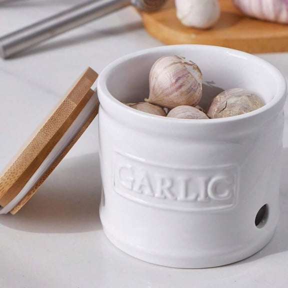White Ceramic Garlic Keeper with Lid - Round Countertop Garlic Storage Container, Breathable Crisper for Kitchen Organization & Decoration