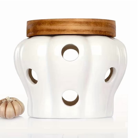 White Ceramic Garlic Storage Jar with Bamboo Lid  Ventilated Kitchen Keeper for Fresh Garlic Ginger and Produce
