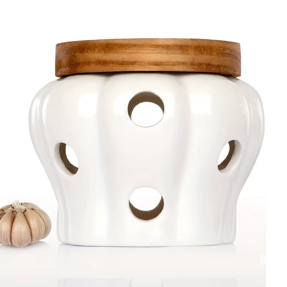 White Ceramic Garlic Storage Jar with Bamboo Lid Ventilated Kitchen Keeper for Fresh Garlic Ginger and Produce