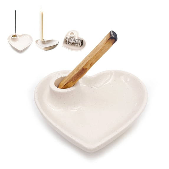 White Ceramic Heart-Shaped Incense Burner Holder for Palo Santo Stick, White Sage, Joss Sticks, Cone Incense, Candlesticks