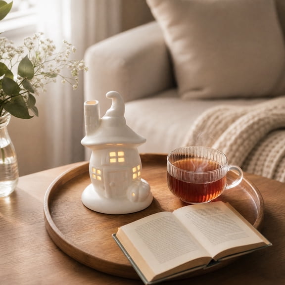 White Ceramic House LED Cottage Night Light, Miniature Hollow Window Lamp with Pumpkin Detail Spooky Decor, Fall Mantel Tabletop Holiday Ornament