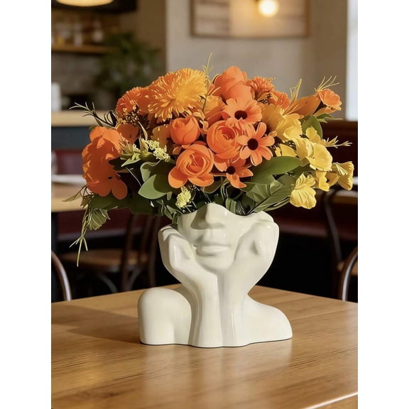 White Ceramic Human Face Sculpture Vase, Desktop Decorative Flower Holder & Organizer