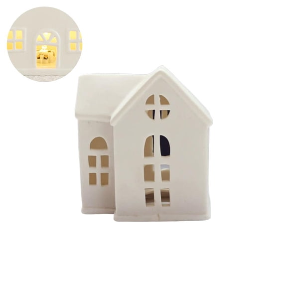 White Ceramic LED Christmas House Ornament, Christmas Village Houses Tealight Holder, Light Up Christmas Village House Night Light Decoration,Christmas Town Scene Tea Light Candle Holders