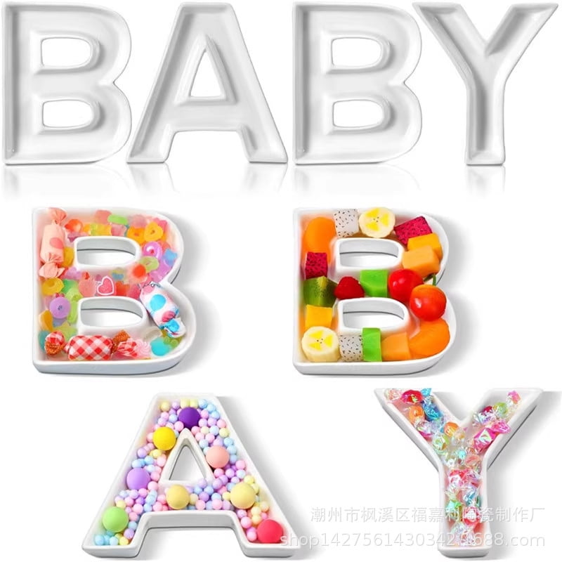 White Ceramic Letter‑Shaped "BABY" Trays, Alphabet Snack Plates for Baby Shower Party Decor & Food Serving