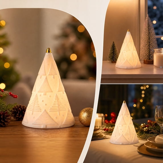 White Ceramic Light Up Mini Christmas Tree Desktop Figurine Luminous Tabletop Ornament for Holiday Party Home Table Decor