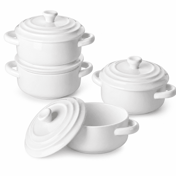 White Ceramic Mini Cocotte Set 4-Pack Single Serving Baking Dishes