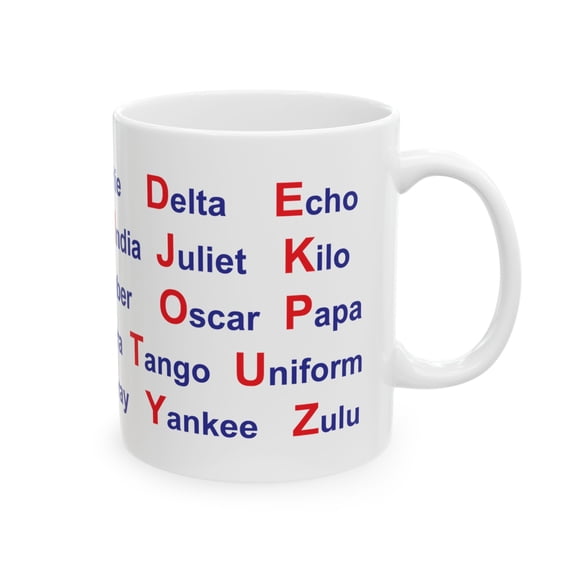 White Ceramic Mug, (11oz, 15oz) NATO Phonetic Alphabet