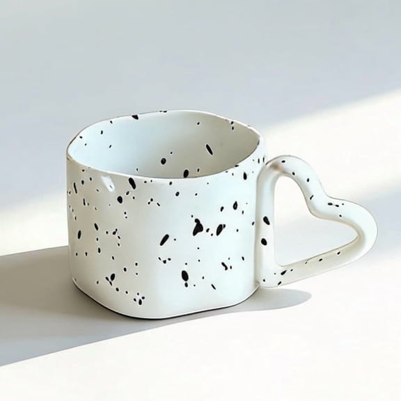 White Ceramic Mug Heart-Shaped Handle Ink Splatter Design 260ml Coffee Tea Milk Cup for Women Her Girlfriend Mom