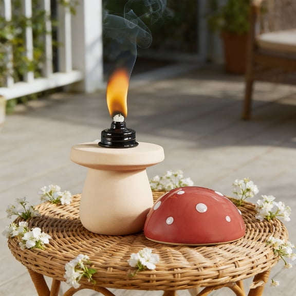 White Ceramic Mushroom Tabletop Torch, Outdoor Garden Decor with Flame, Weather Resistant Patio Lantern for Backyard Party and Camping, Citronella Oil Compatible Fire Pit Accent