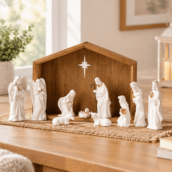 White Ceramic Nativity Set with Wooden Stable, 11-Piece Holiday Decor Figurines
