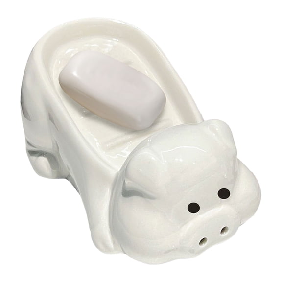 White Ceramic Pig Soap Dish, Cute Bathroom Soap Holder with Drainage Holes, Non Water Accumulating Soap Tray forVanity and Kitchen Sink Decor