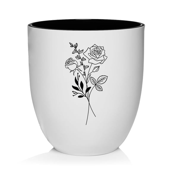 White Ceramic Planter Plant Pot with Plastic Liner Gift Birth Month Flower (Rose Flower June)
