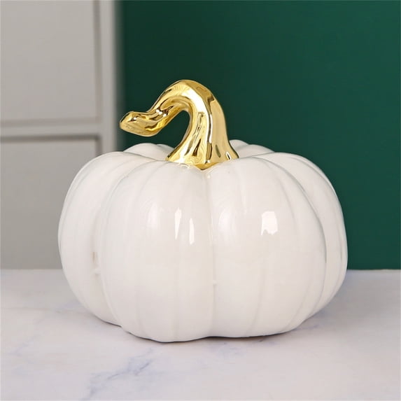 White Ceramic Pumpkin Decor with Gold Stem, Modern Farmhouse Fall Home Decor, Glossy Autumn Table Centerpiece for Halloween Thanksgiving Living Room Shelf DIY Gift