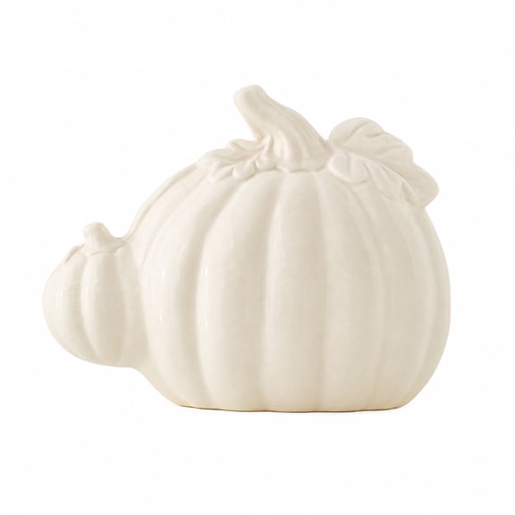 White Ceramic Pumpkin Decor with Mini Pumpkin, 4.8 Inch Small Fall Thanksgiving Tabletop Figurine