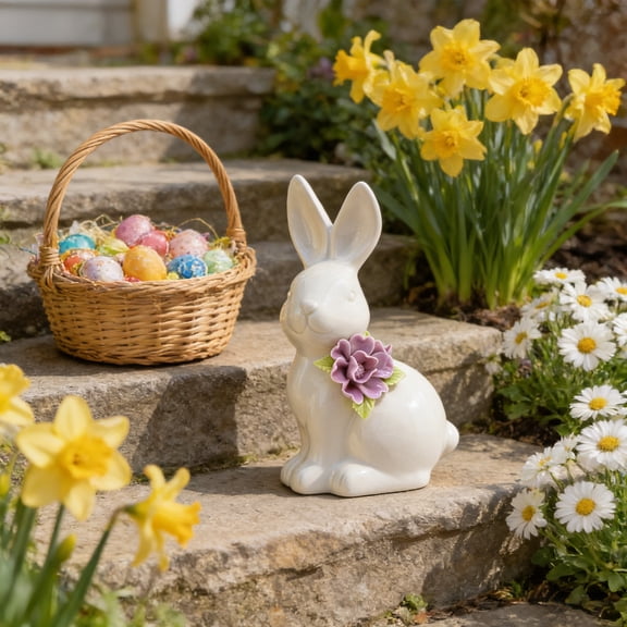 White Ceramic Rabbit Figurine, 2.2x5.3x2.1inch Easter Bunny Decorations, Elegant Modern Spring Rabbit Ornament with Flowers for Tabletop Centerpiece Office Room Home Decor