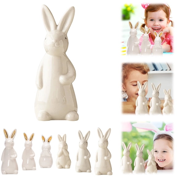 White Ceramic Rabbit Figurine Elegant Minimalist Bunny Decor, Modern Home & Easter Decoration for Shelf, Table, Mantel (7.2 Inch White Ear)