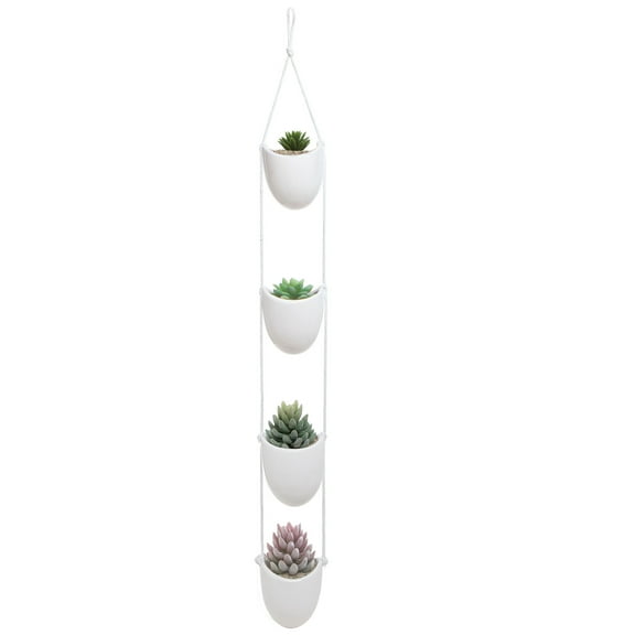 White Ceramic Rope Hanging Planter Set with 4 Flower Pots Plant Containers / Decorative Display Bowls