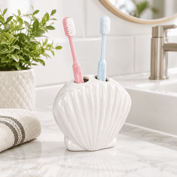 White Ceramic Seashell 2-Slot Toothbrush Holder for Bathroom Sink and Countertop