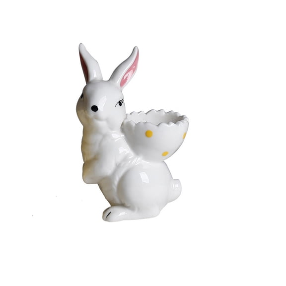 White Ceramic Seasonal Figurine With Egg Accommodation Design Decorative Element For Spring Celebration And Tabletop Arrangement