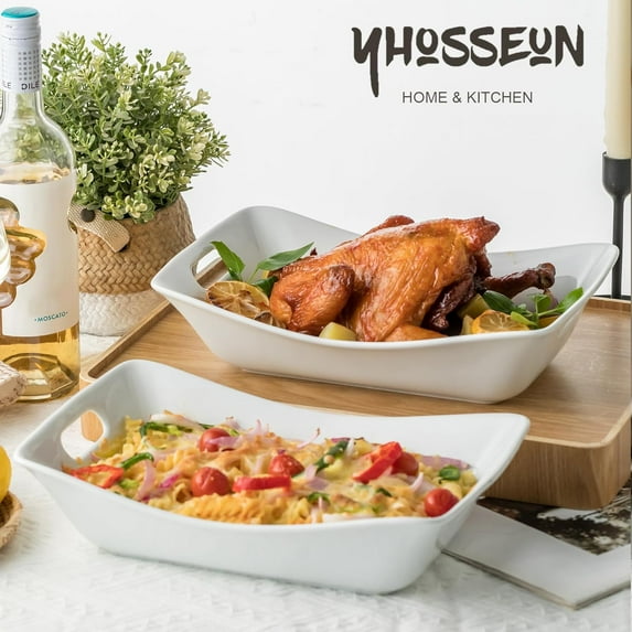 White Ceramic Serving Bowls with Handles, 1.5 Quart Large Set for Entertaining, 2 Pack