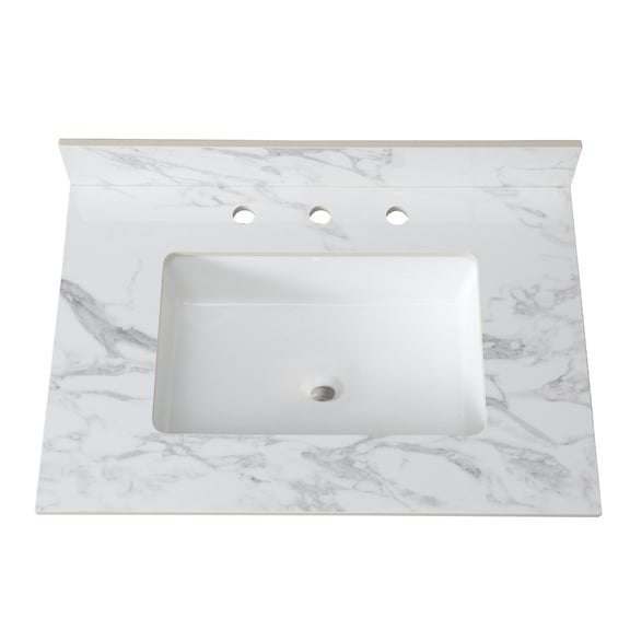 White Ceramic Sink Bathroom Vanity Top | Three Faucet Holes for Bathroom Use | Complementary to Light and Dark Cabinetry