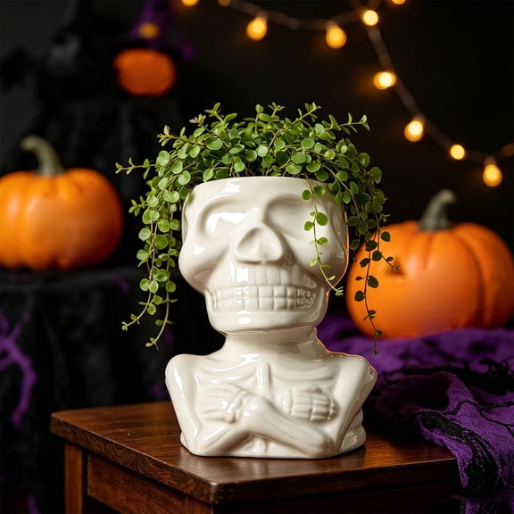 White Ceramic Skull Bust Planters Set of 4 , Skeleton‑Figure Small Plant Pots in 4 Unique Poses, Halloween Tabletop Mantel Shelf Spooky Home Party Decor