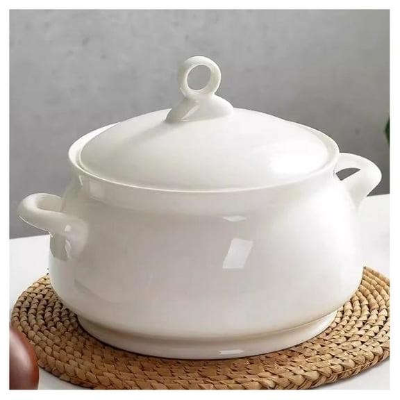 White Ceramic Soup Bowl with Lid and Ladle, 2500ml Porcelain Serving Soup Tureen for Kitchen, Microwave and Dishwasher Safe