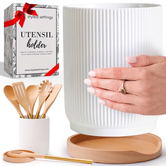 White Ceramic Utensil Holder with Built-In Wooden Spoon Rest –2PC Set for Kitchen Countertop Organization – Ceramic Utensil Crock & Wood Spoon Rest for Clean, Stylish Cooking