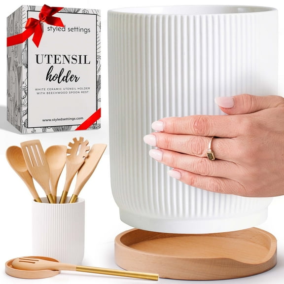 White Ceramic Utensil Holder with Built-In Wooden Spoon Rest –2PC Set for Kitchen Countertop Organization – Ceramic Utensil Crock & Wood Spoon Rest for Clean, Stylish Cooking